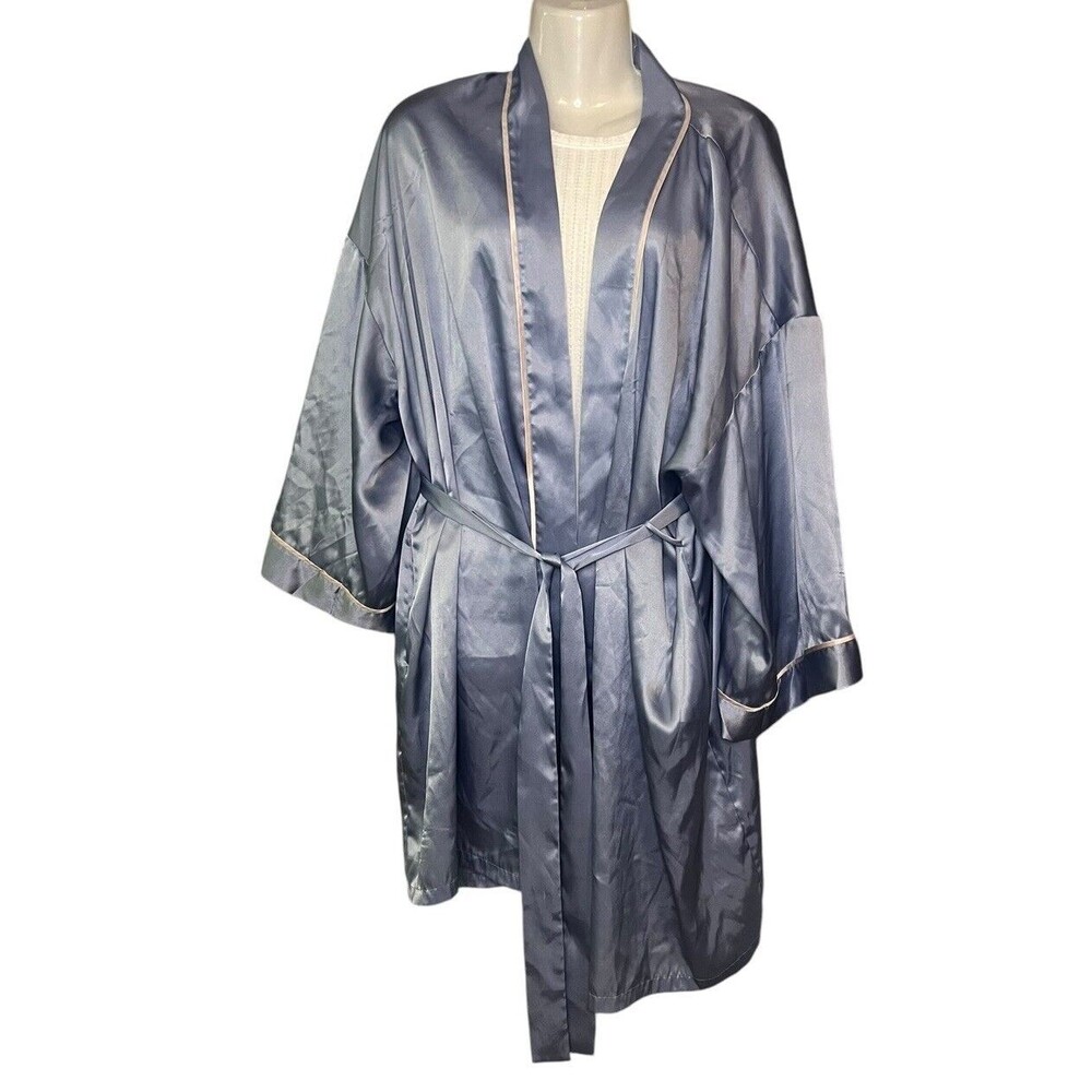 Vintage Cerie Women's XL Blue Satin Nightgown Belted Lightweight Night Gown Robe